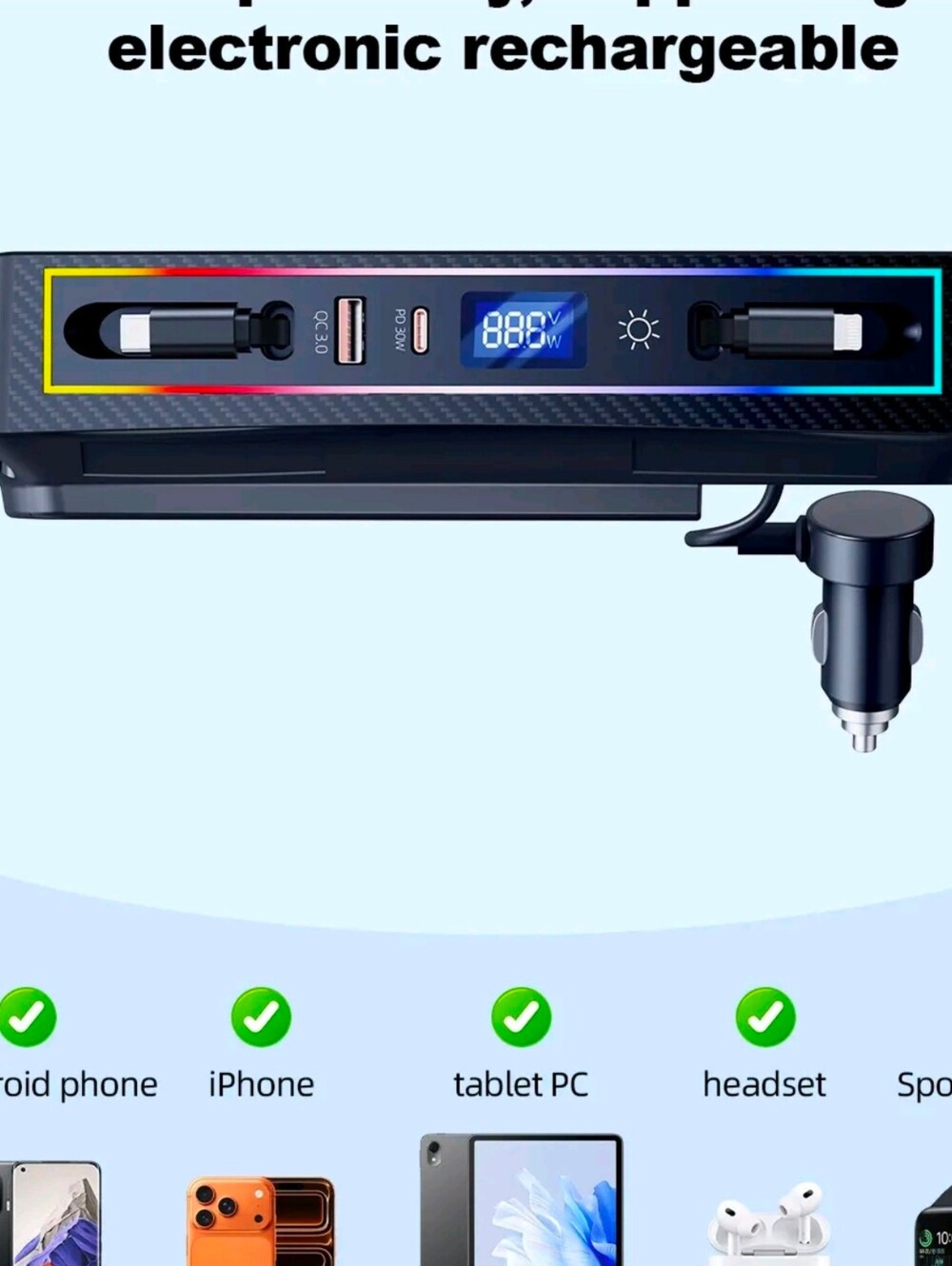Universal Black Car Tablet & Device Charger with LED Display